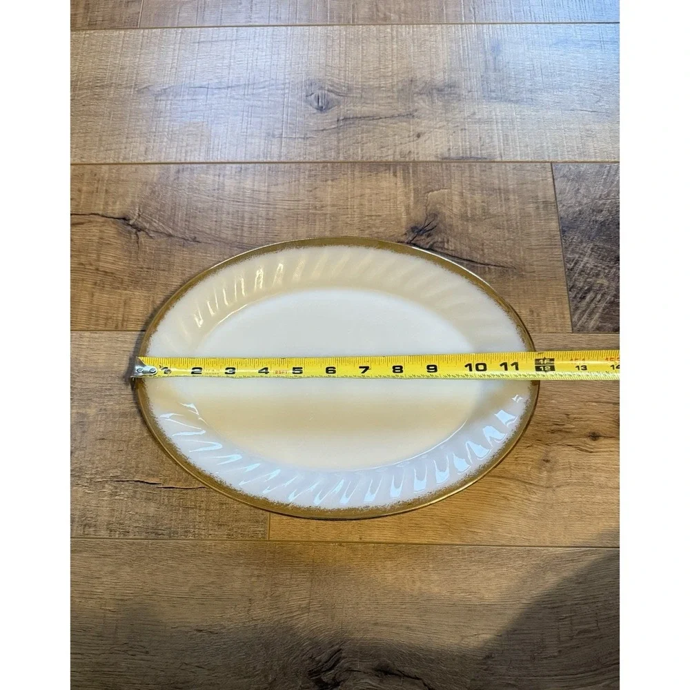 Vintage Anchor Hocking Fire King Milk Glass Gold Rim Swirl Oval Platter 12x9